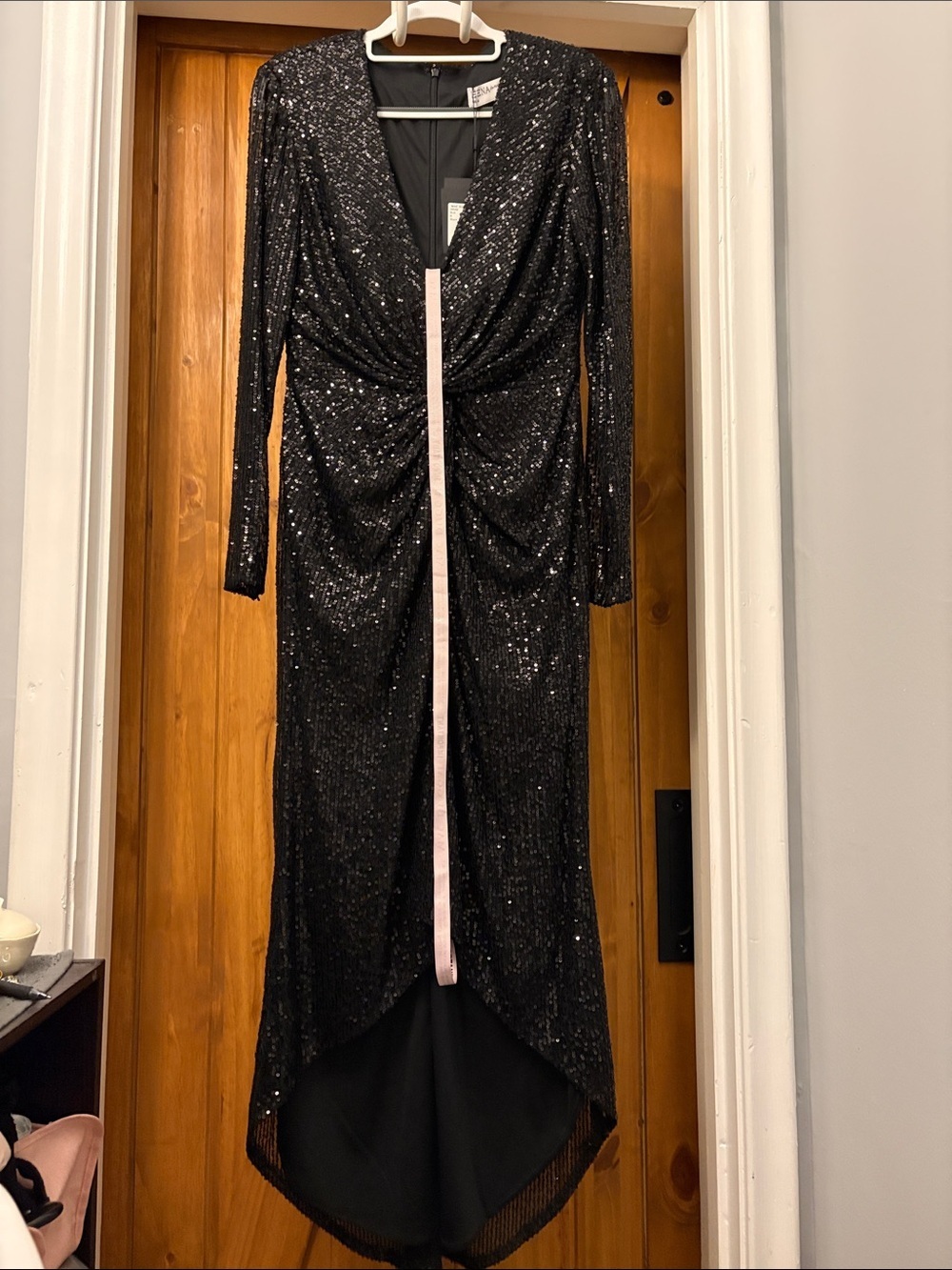 Mac Duggal 26548 Black Sequined High Low Front Twist MIDI Size 6 NWT